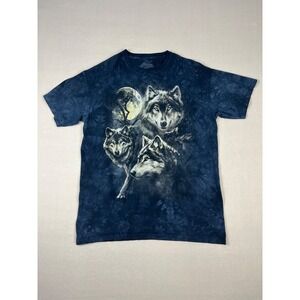 The Mountain Three Wolves Moon Shirt Mens 2XL Blue Tie Dyed Short Sleeve
